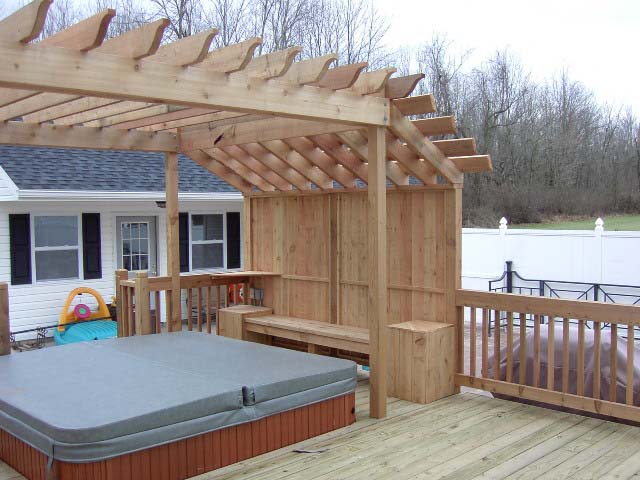 Multi-level wood deck with shaded arbor